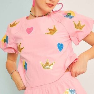 Main Strip Pink Blouse with Gold and Blue Accents